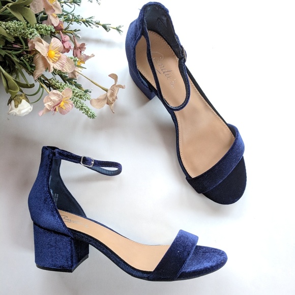 navy velvet block heels